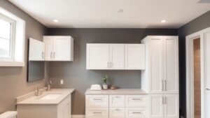 Modern white bathroom cabinets with clean lines and stylish countertop.