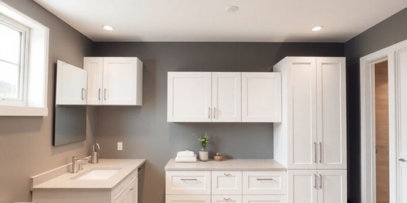 Modern white bathroom cabinets with clean lines and stylish countertop.