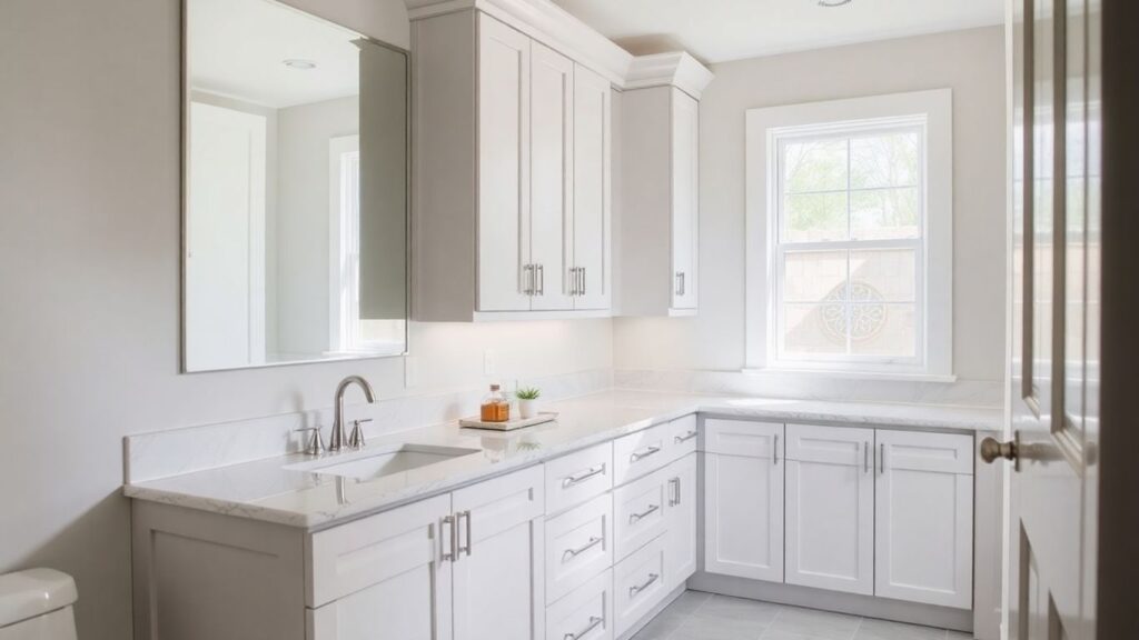 Modern bathroom vanity cabinets in a renovated home.