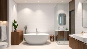 Contemporary Montreal bathroom with glass shower and freestanding tub