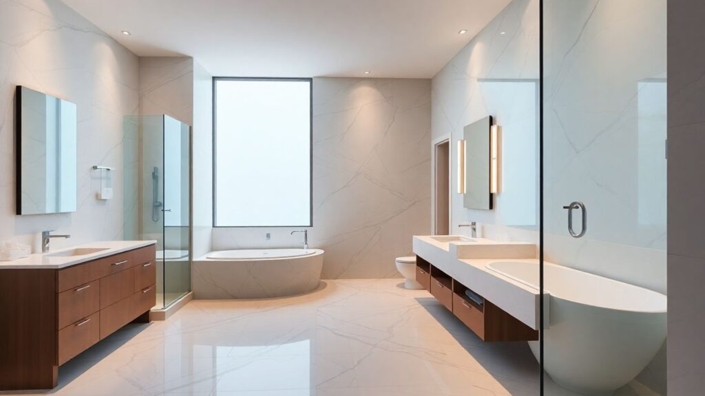 Modern Montreal bathroom with glass shower and double vanity.