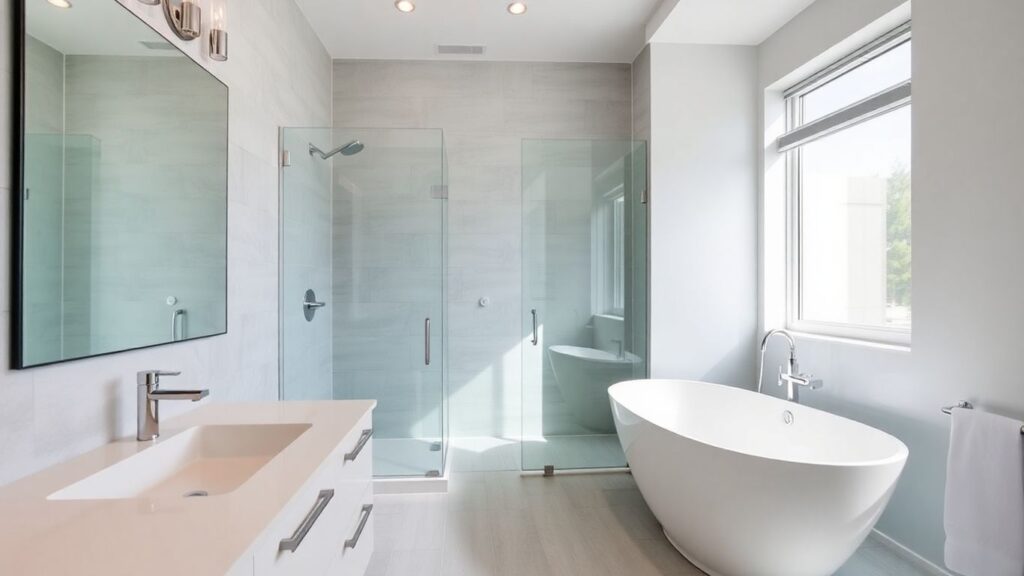 Modern renovated bathroom with sleek fixtures and natural light.