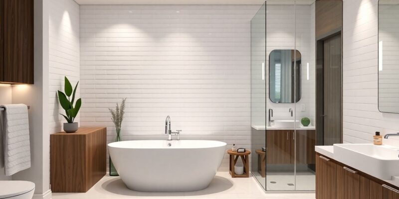 Contemporary Montreal bathroom with glass shower and freestanding tub