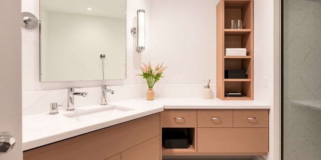 Modern bathroom vanity with sleek fixtures.