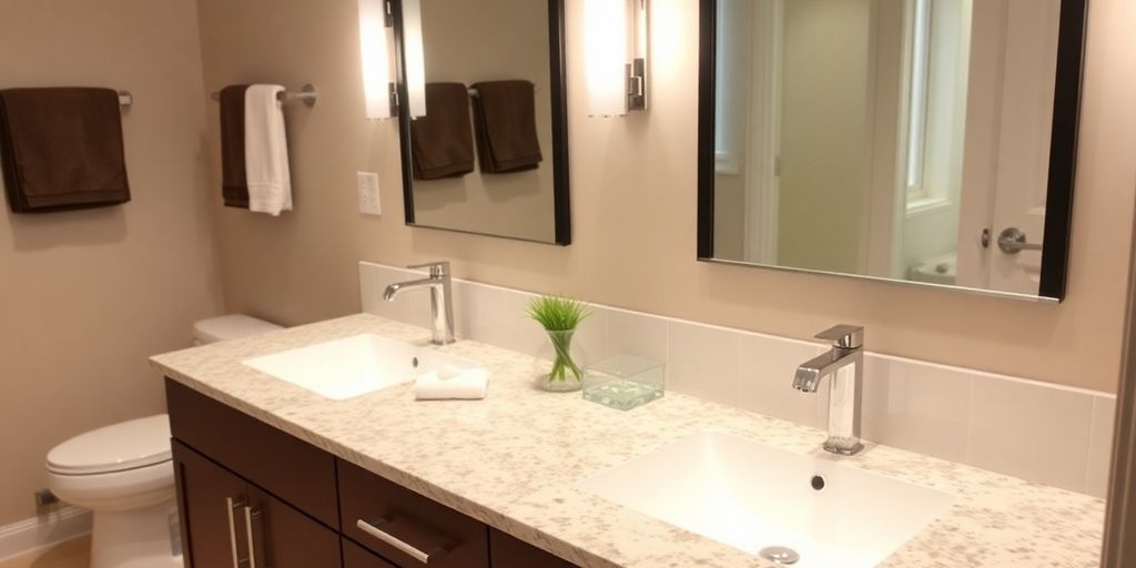 Modern bathroom vanity with double sinks and granite countertop.
