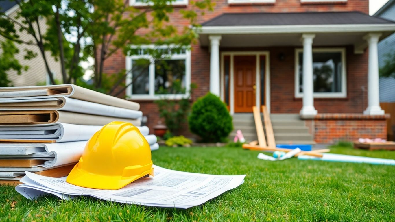 Home renovation with blueprints and construction helmet outside.