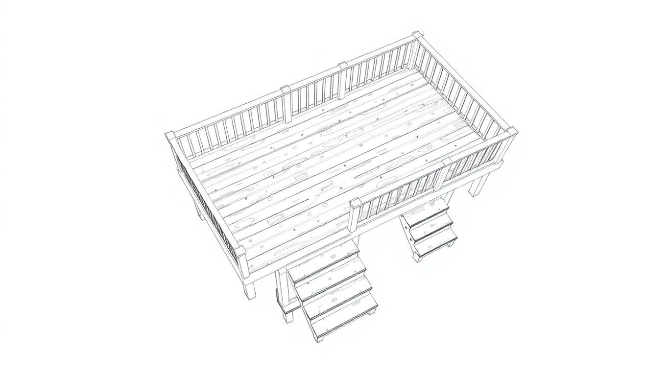 Deck design blueprint with dimensions and details.
