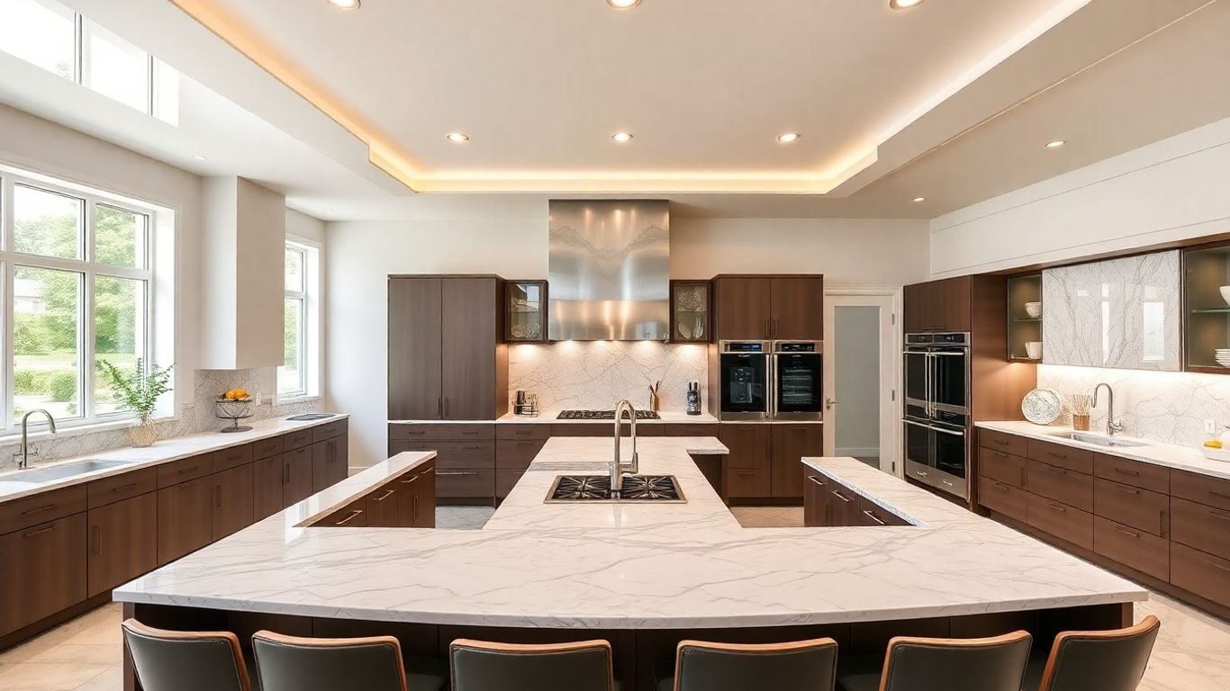luxury large kitchen with island and marble countertops