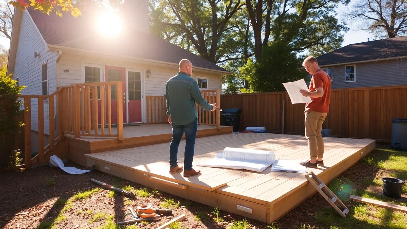 Building a deck with tools and blueprints.