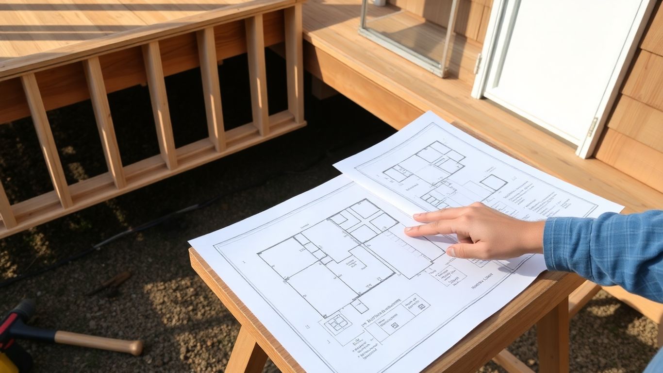 Building a wooden deck with tools and blueprints.