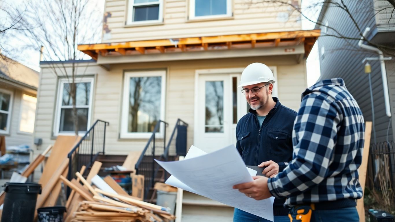 Homeowner and contractor discuss renovation outside Montreal house