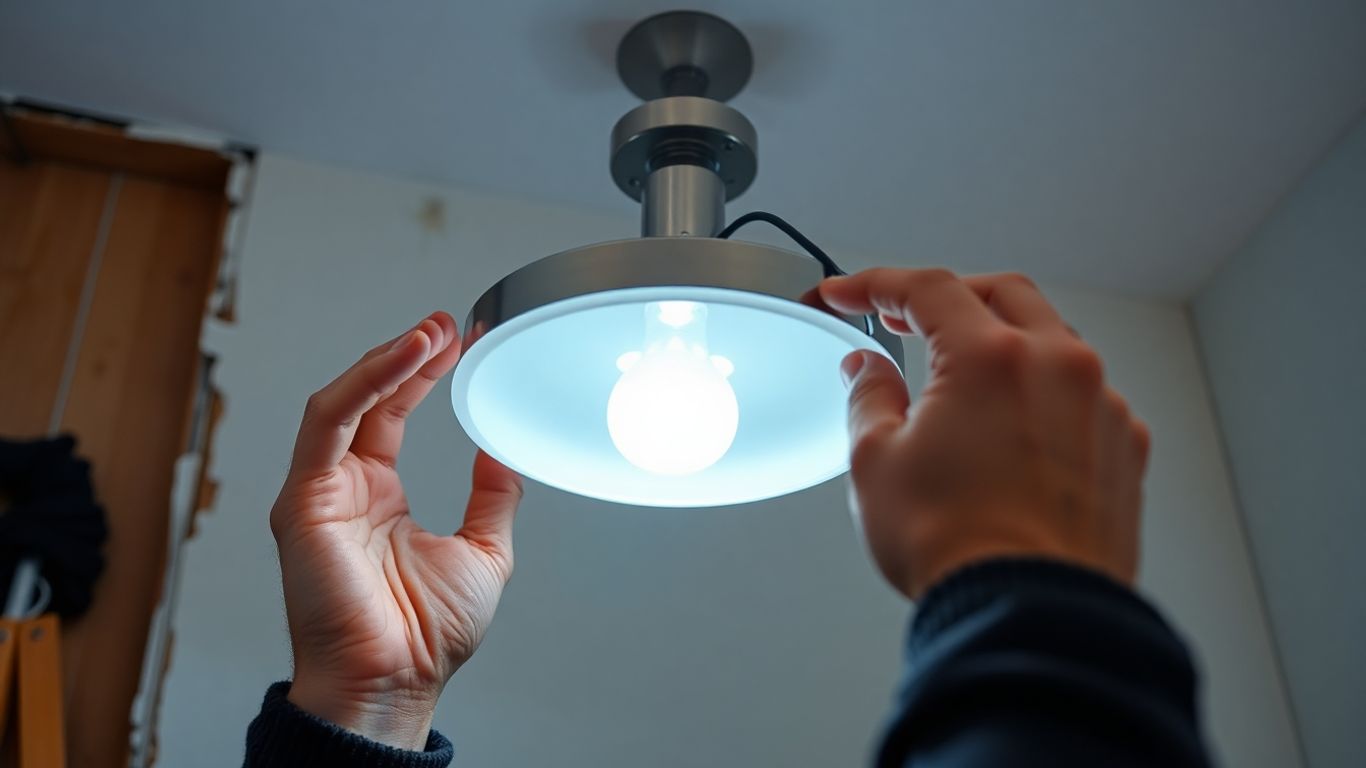 Hands wiring a bathroom light fixture during renovation.