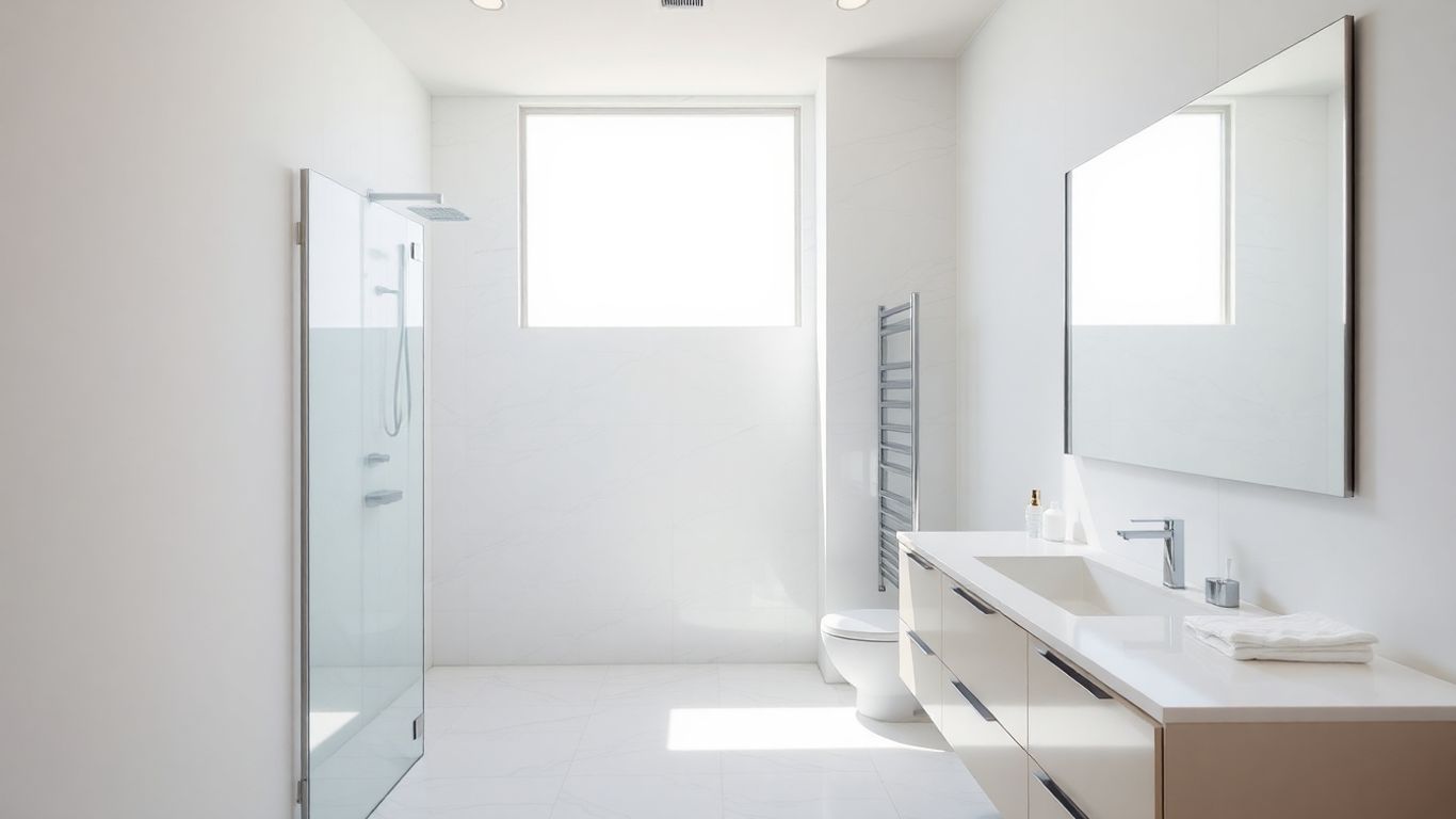 Modern bathroom layout with vanity and shower.