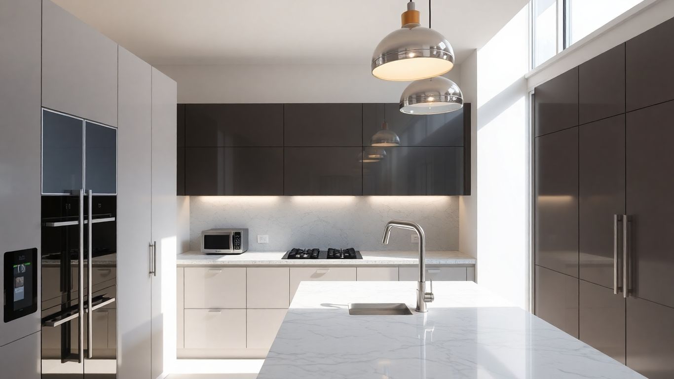 Modern kitchen with marble countertop and pendant lights