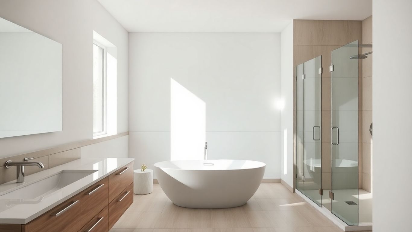 Modern bathroom layout with bathtub, vanity, and shower.