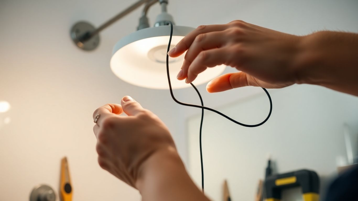Hands installing a bathroom light fixture during renovation.
