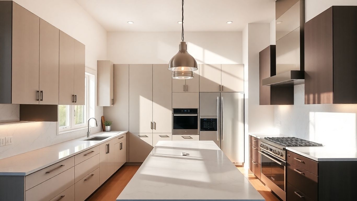 Modern kitchen design with island and sleek cabinets.