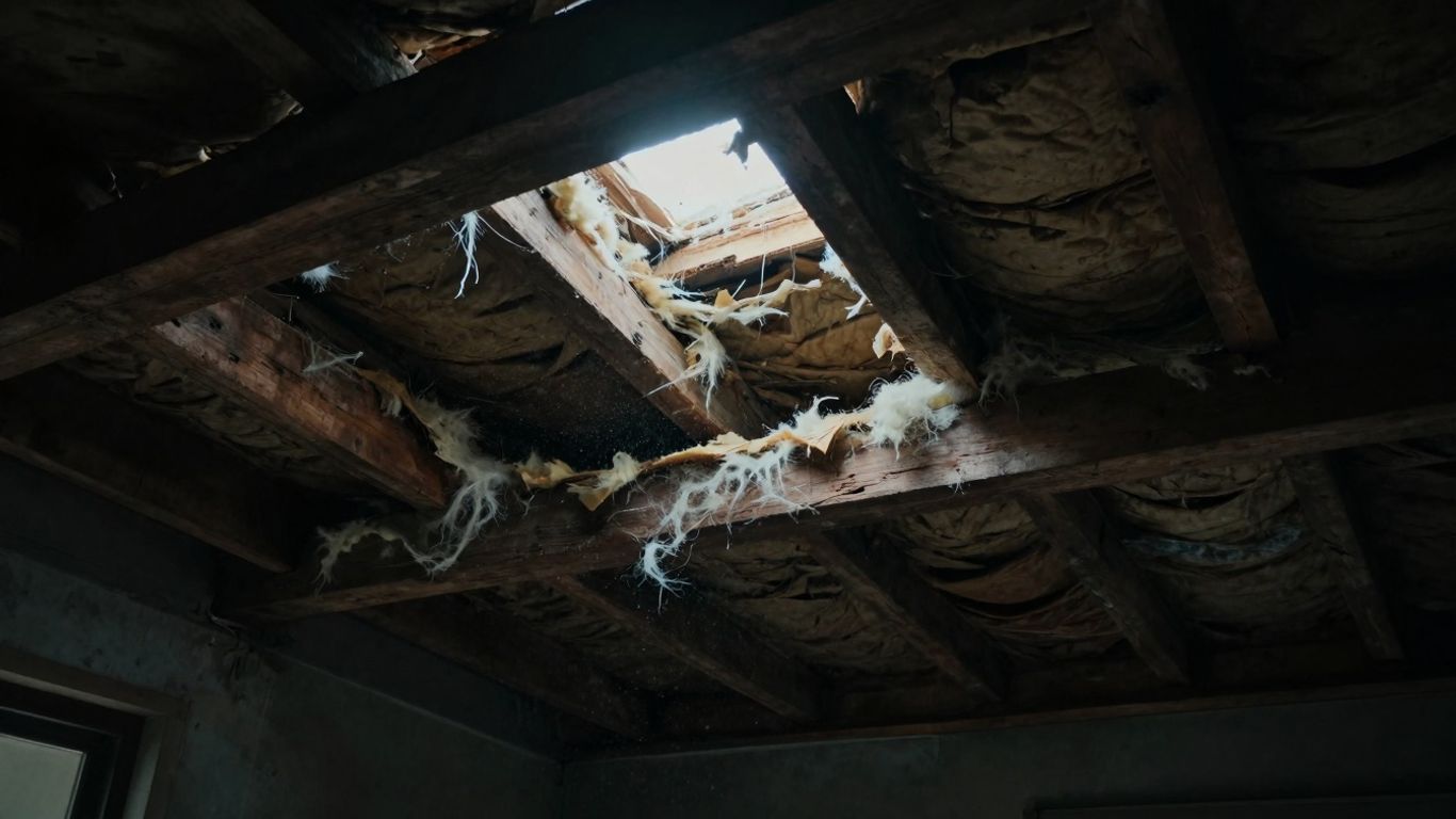 Attic insulation with visible gaps and exposed rafters.