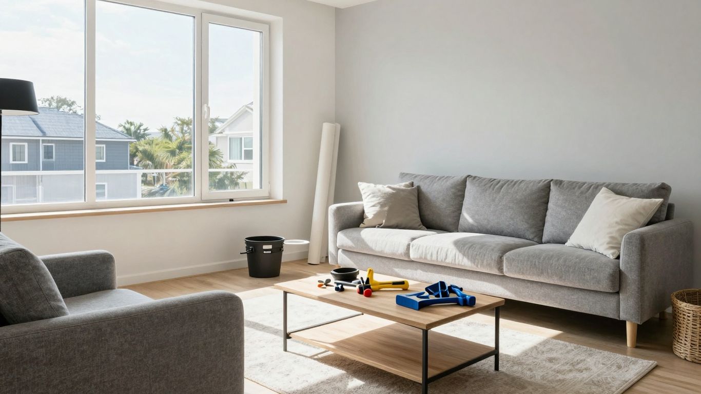 Renovated living room with modern design elements.