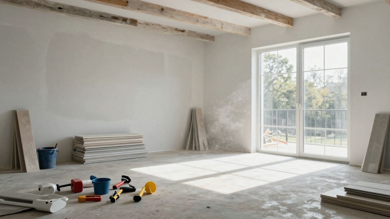 Renovated living room with tools and materials.