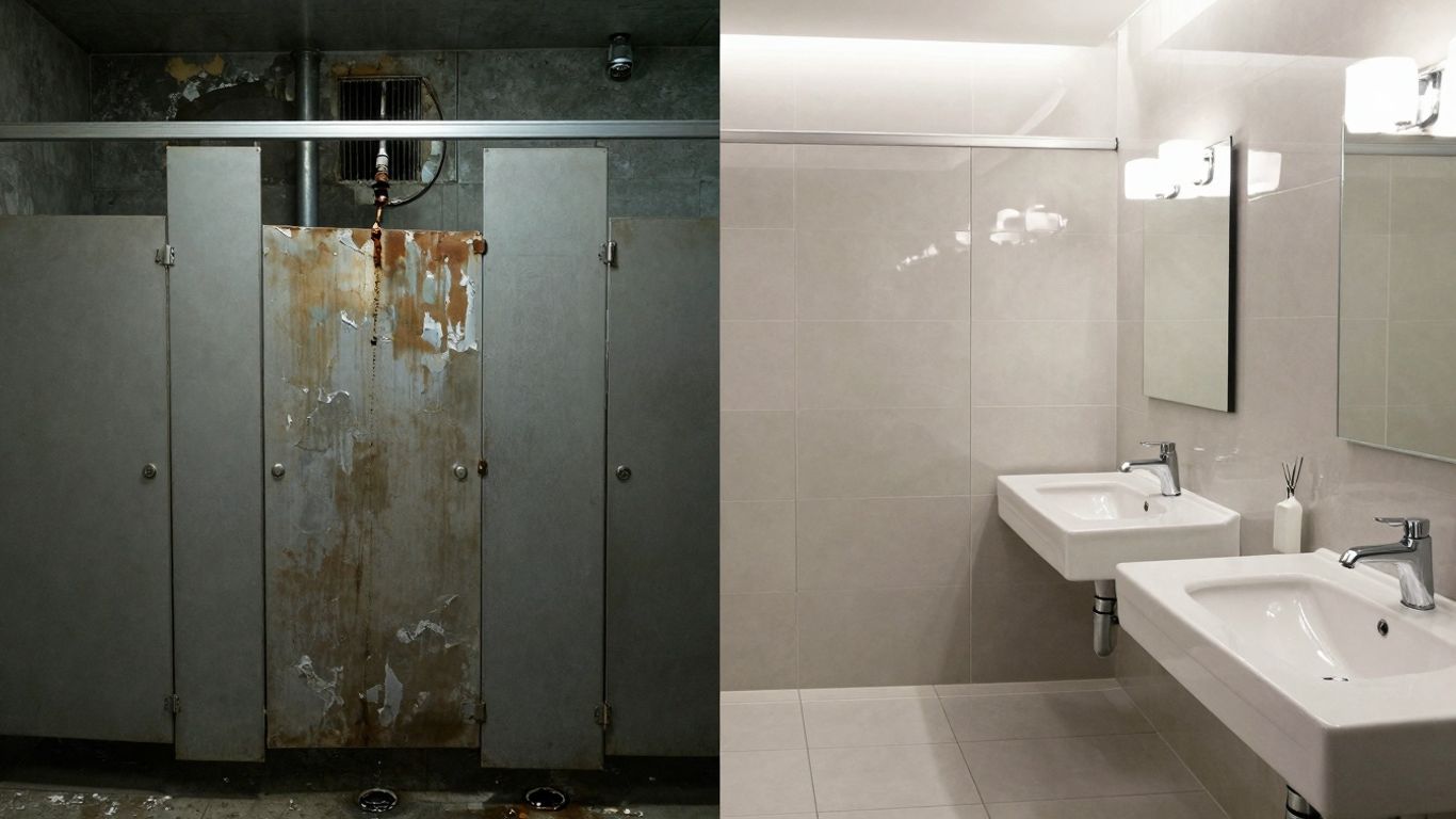Modern vs. outdated restroom interior design comparison.