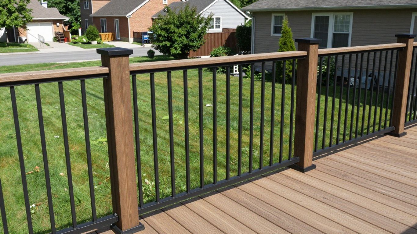 Modern deck railing installation on a suburban home.