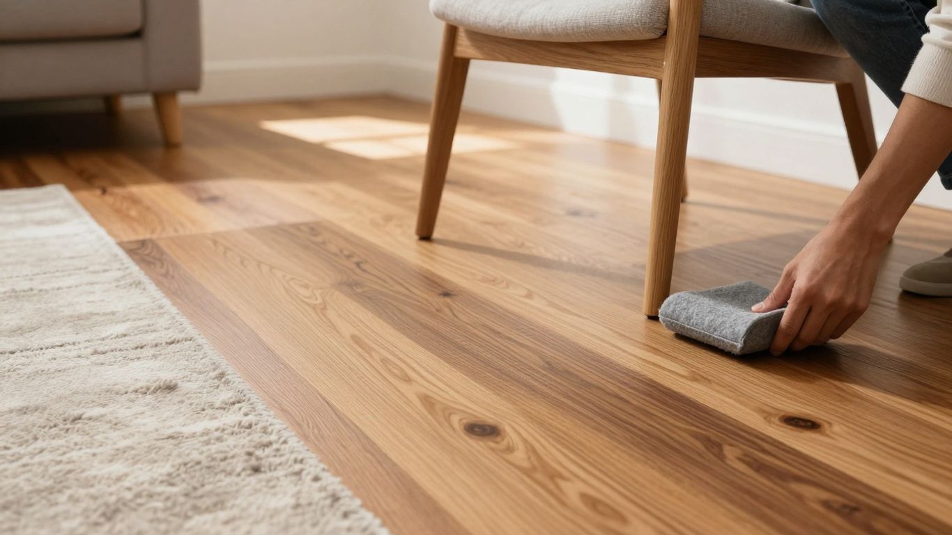 Newly installed hardwood floors with furniture protection.