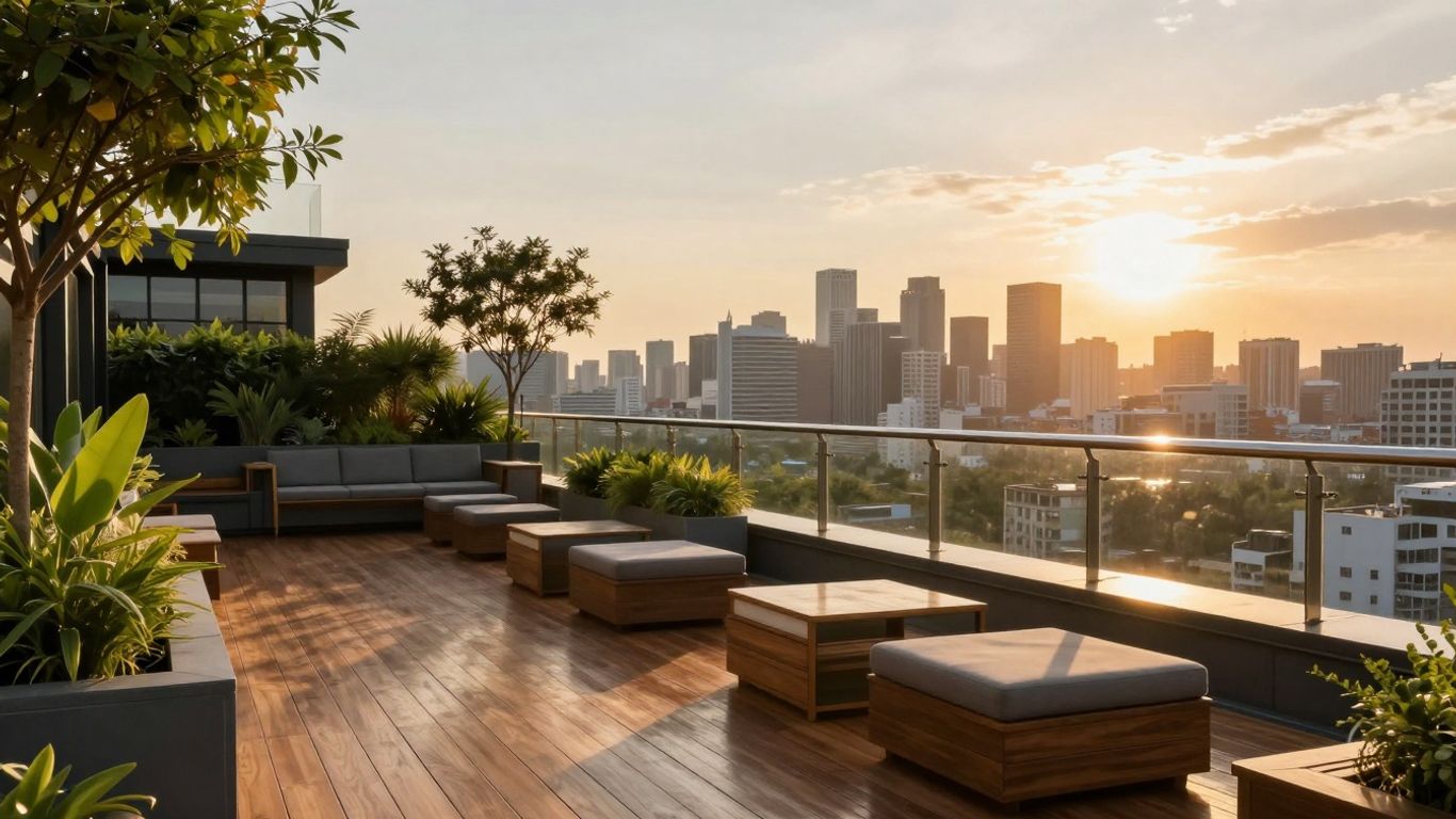Modern rooftop deck with city view at sunset.