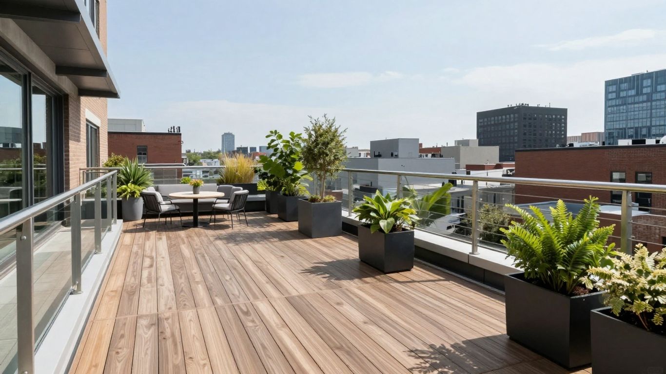 Modern Montreal rooftop deck with weather-resistant materials and city view.