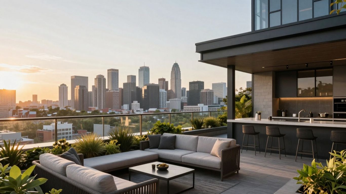 Urban rooftop deck with city view at sunset.