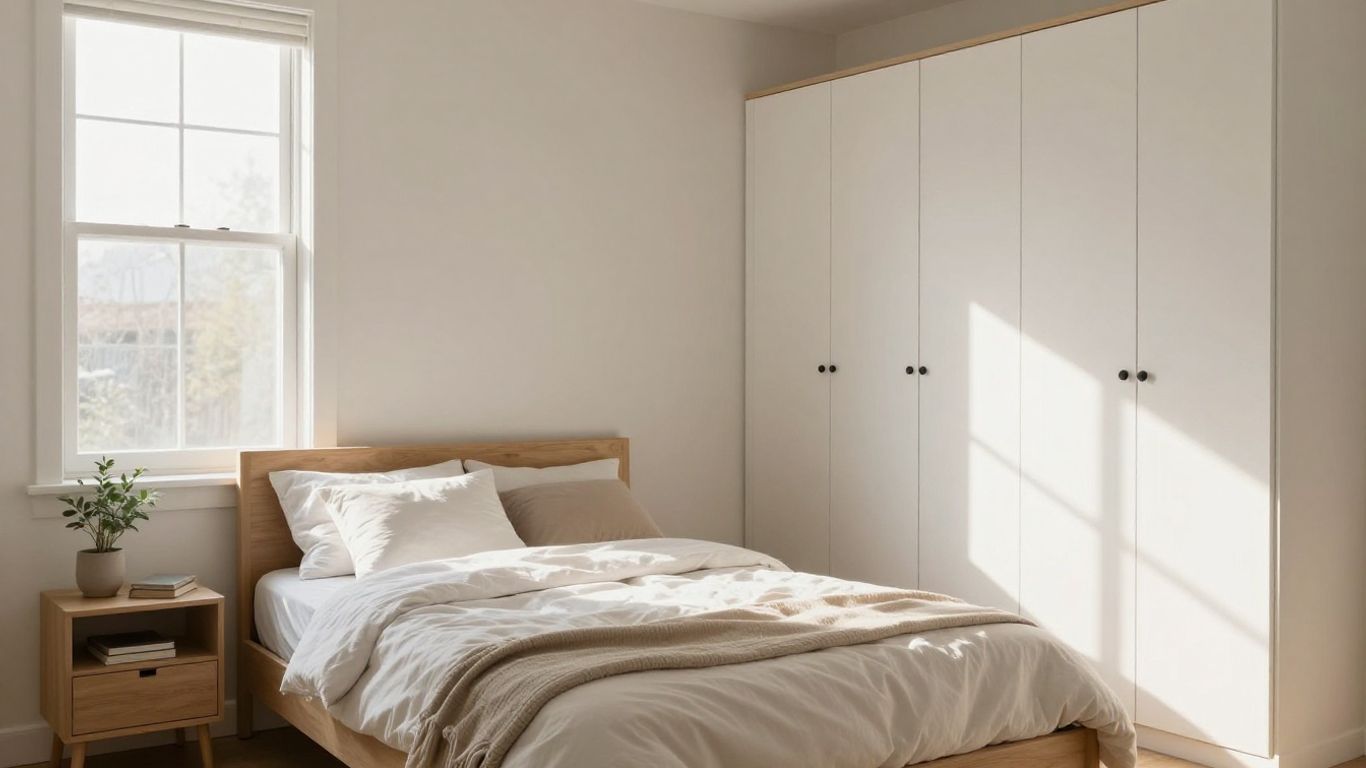 Small narrow bedroom layout with bed and wardrobe.