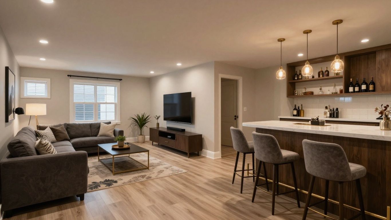 Finished basement with living area and home bar.
