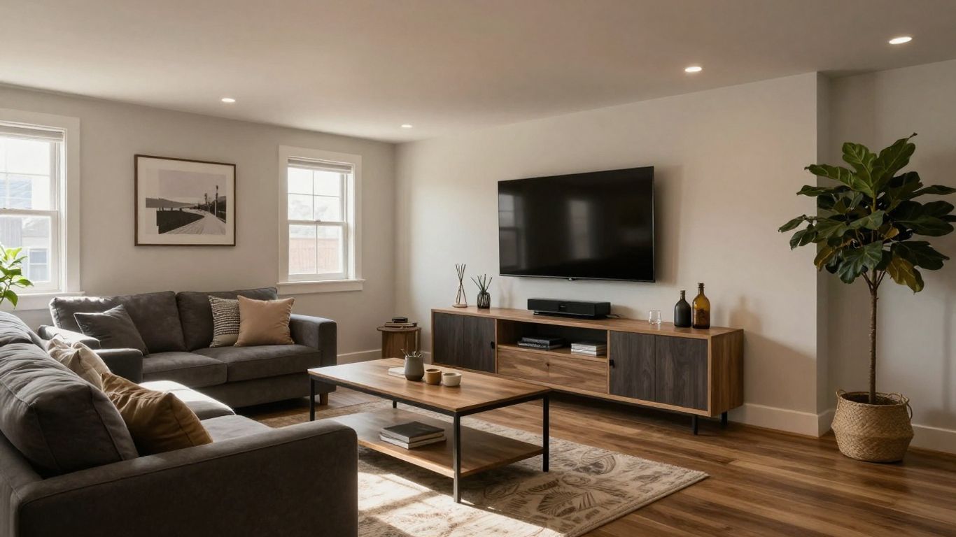 Finished basement with modern furniture and decor.