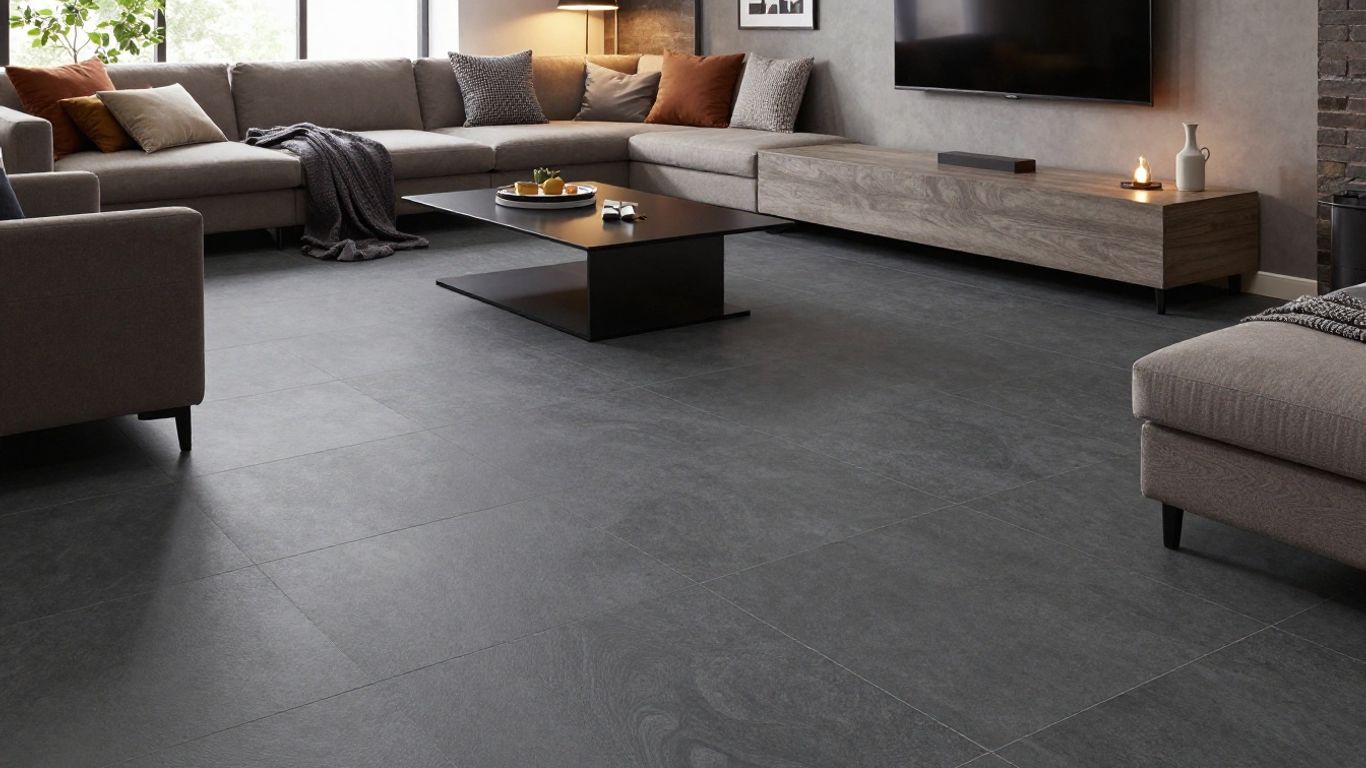 Modern basement with dark grey large-format tile flooring.