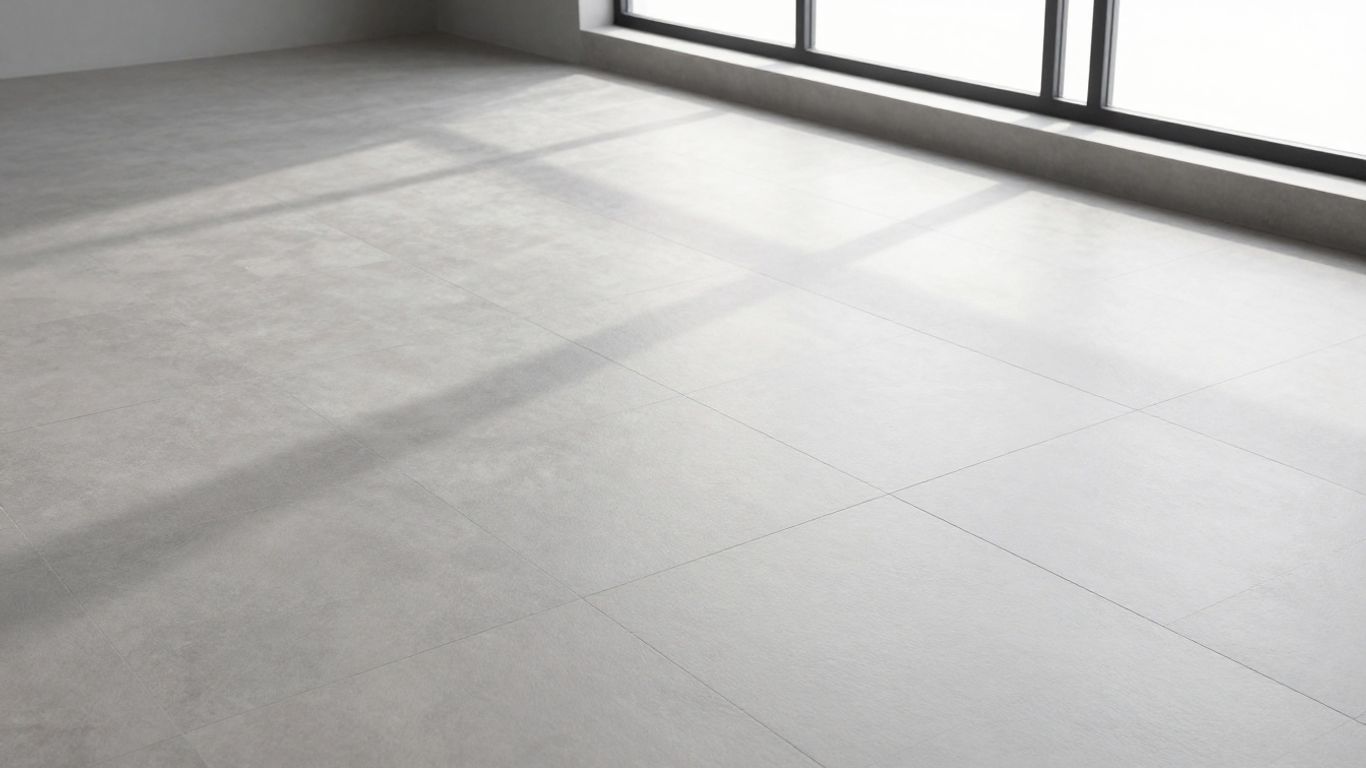 Modern basement floor with grey ceramic tiles.