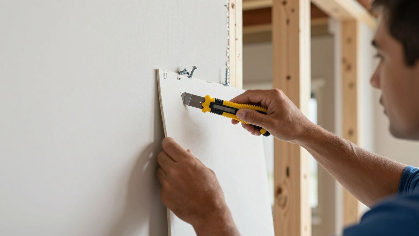 Drywall installation process with tools and materials.