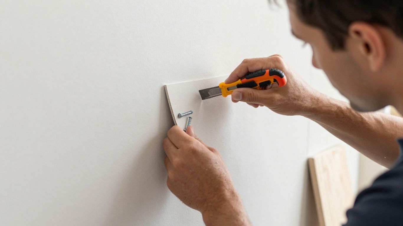 Worker installing drywall sheets on wall studs.