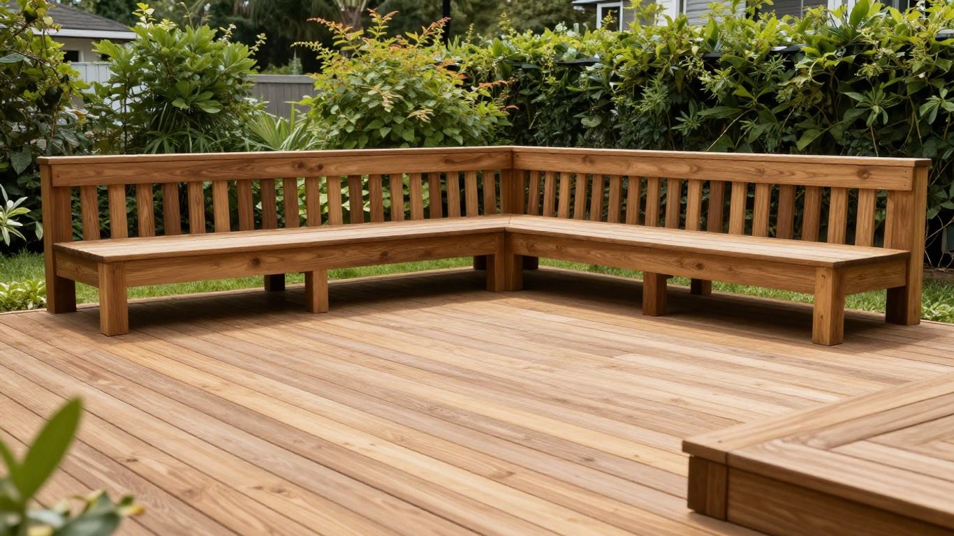 A wooden deck in a backyard