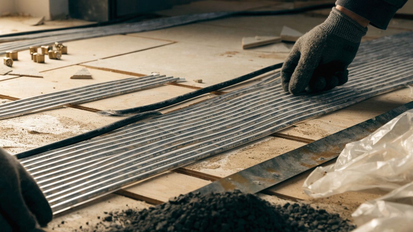 Electric heating cables laid beneath bathroom tile