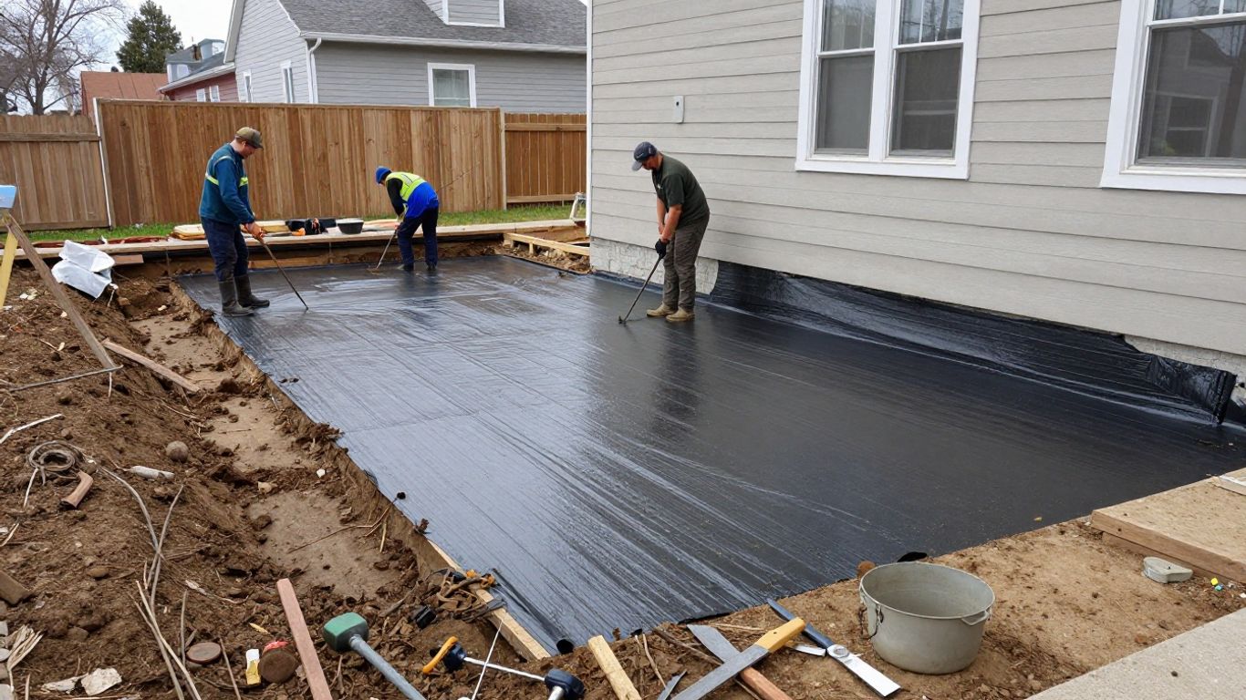 Exterior foundation waterproofing work underway